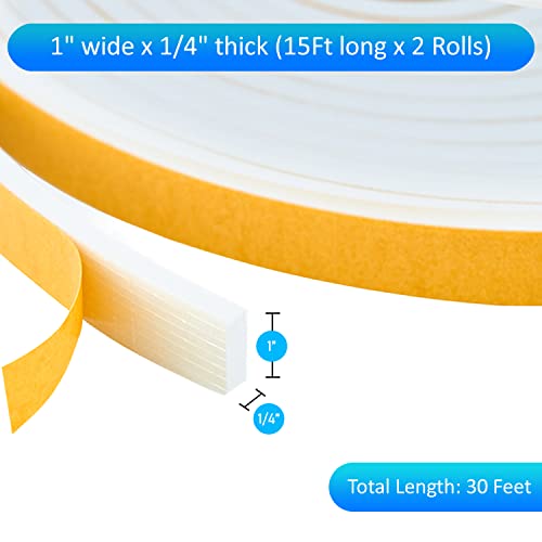 High Density Foam Weather Stripping Door Seal Strip Insulation Tape Roll for Insulating Door Frame, Window, Air Conditioner | Self Adhesive Sealing Weatherstrip (White, 1 in x 1/4 in x 30 Ft) - color: White, size: 1 In x 1/4 In x 30 Ft