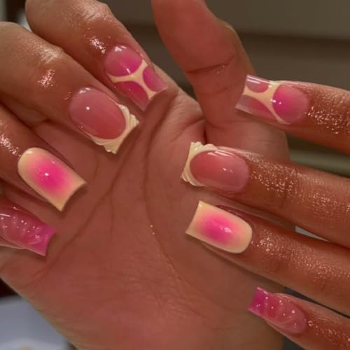 Halation Press On Nails Medium Square,Pink Fake Nails with French Tip and Line Design, Reusable Stick On Nails Glossy Finish False Nails for Women,12Sizes-24 Nail Kit