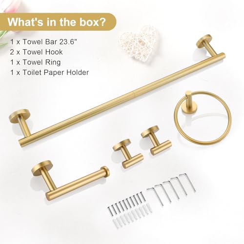 TQKAG 5 Piece Bathroom Accessories Set Brushed Gold Bathroom Hardware Set 23.6 Inch Bath Towel Bar Set SUS304 Stainless Steel Towel Rack Set - color: Brushed Gold, size: 5-Pieces Set