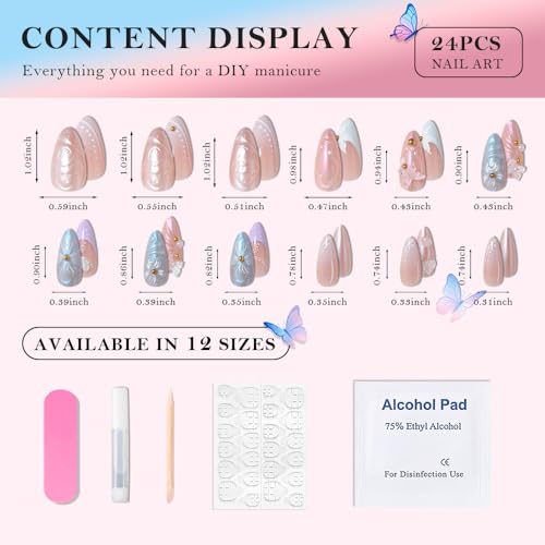 3D Flower Butterfly Press On Nails, Medium Length Almond Blue Pink Floral Pearl French Tip, Cute Charms Designer Reusable Acrylic Fake Nails, Spring Summer Daily Wear for Women - color: LF-3267, size: 24 Pieces (Pack of 1)