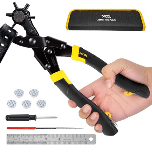 XOOL Round & Oval Leather Hole Punch Set, Upgraded Long Handle Revolving Punch Plier Kit for Belts, Watch Bands, Straps, Dog Collars, Saddles, Shoes, Fabric, DIY Home & Leather Craft Project - style: Pro (Oval & Round)
