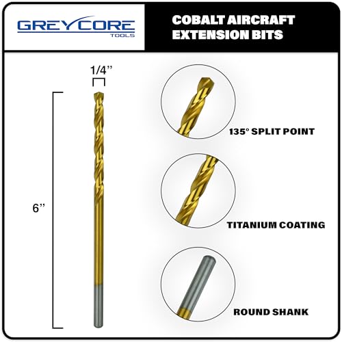 Greycore Tools 1/4 Inch x 6 Inch Cobalt Aircraft Extension Bit – 2 Pack M35 Cobalt Drill Bit, Industrial Titanium Coating – Drill Bits for Steel, Hard Metal, Cast Iron, Wood, Plastic (1/4" x 6") - size: 1/4" x 6", style: 6" Length