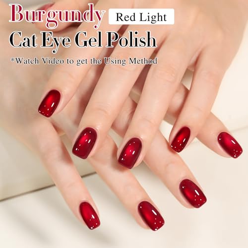 Double Rhythm Jelly Glass Cat Eye Gel Polish with Magnet 15ML Holographic Glitter Shimmer Translucent Sheer Color Magnetic Nail Polish Salon DIY at Home (Red-MC1116) - color: Glass Red