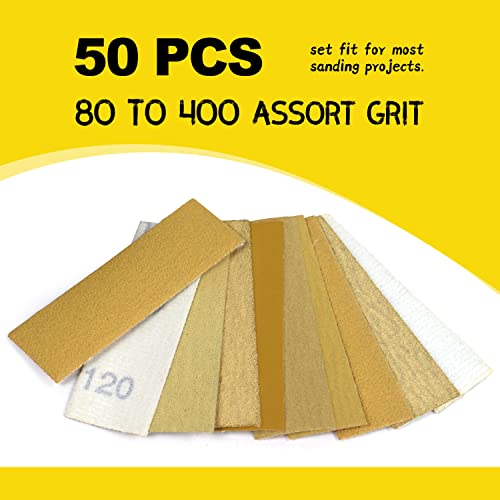 POLIWELL Micro Sander Kit 3.5” x 1” Mini Sander for Small Projects, Detail Handle Sanding Tools + Sandpaper 80 120 180 240 400 Grit for DIY Crafts Wood Finishing Tight Narrow Spaces Polishing, 50 PCS - style: 50 Pcs