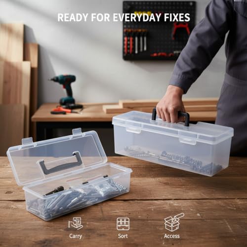 Hardware Organizer Box, 2 Pack Small Parts Tool Case for Garage | Frosted translucent plastic, garage workshop, hardware storage, screws and tools, secure latch, carry handle, 2 sizes