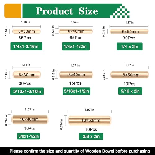255Pcs 8 Values Wood Dowels Kit 1/4" 5/16" 3/8", Wooden Dowel Pins, Fluted Wood Dowels Rods for Crafts, Furniture, DIY Manual - size: 8 sizes-255pcs