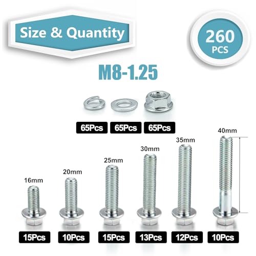 260Pcs Flange Hex Bolts and Nuts Kit,M8 x1.25 (M6 x1.0 M10-1.25 Available) (16mm to 40mm) Metric Bolt Assortment,Alloy Steel Class 8.8 Zinc Plated - size: 260Pcs M8 FLANGE HEX Zinc
