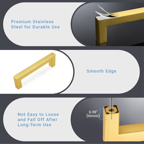 KNOBWELL 6Pack 3-3/4 Inch Brushed Gold Cabinet Pulls Stainless Steel Kitchen Cabinet Handles Square Drawer Pulls Modern Cabinet Hardware Handles，96mm Hole Centers - color: Brushed Gold, size: Hole Center:3-3/4 inch(96mm)