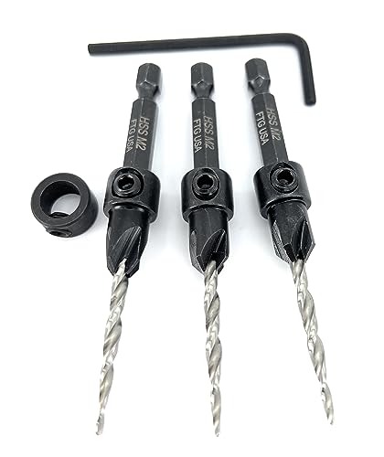 FTG USA #6 (9/64") Wood Countersink Drill Bit 3-Pc Set with 3/8" Depth Stop - size: #6, style: 3 Pc with Depth Stop