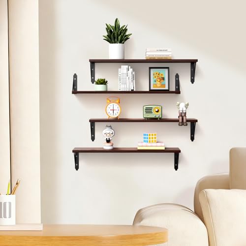ROMGUAR CRAFT Wood Wall Floating Shelves Set of 4, 23.6" x 6" - Brown - color: Brown, size: 23.6" x 6"