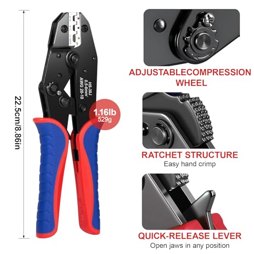 6Pcs Crimping Tool, Ratchet Wire Crimping Tool Set, for Heat Shrink, Insulated Nylon, Ferrule Wire End, Non-Insulated, Open Barrel Terminals, Solar Connectors, with Storage Box