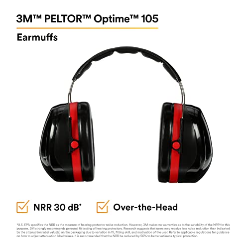 3M PELTOR Hearing Protection Optime 105 Earmuffs, E-A-Rfit Compatible, Assembly, Sanding, Grinding - size: One Size, style: Over-the-head