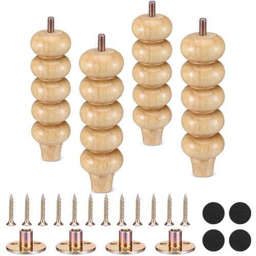 6 Inch Wood Furniture Legs Set of 4 Rubber Wood Couch Legs Round Furniture Replacement Mid Century Natural Bun Feet for Desk Dresser Sofa Cabinet Ottoman Chair and Bed - color: Natural, size: 6 Inch