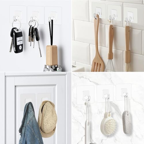 Large Adhesive Hooks for Hanging, Clear 10 Pack Wall Hangers Heavy Duty 33lb, Waterproof Utility Hooks Damage Free Sticky Hanging, No Trace Self-Adhesive Hooks for Kitchen Home Bathroom Multiple - size: 10 Clear Hooks