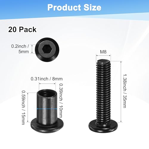 M METERXITY 20-Pack Hex Drive Socket Cap Bolt, M8 x 35mm Carbon Steel Furniture Connector Bolts Barrel Nuts for Furniture Assembly/Cabinet/DIY Binding Post Screws Rivet Fasteners [Black] - size: M8 x 35mm