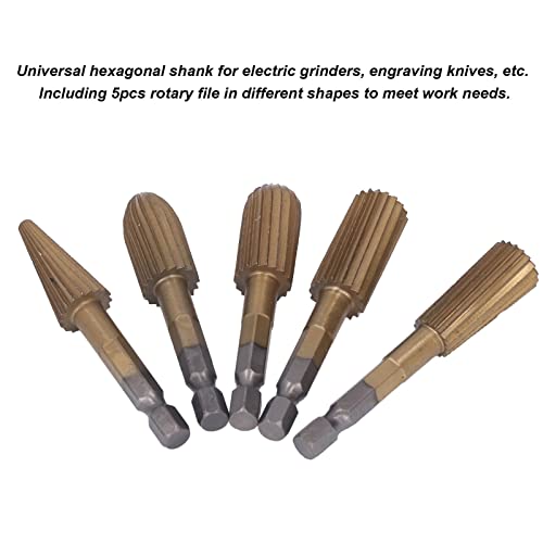 5Pcs Rotary File Cutting Burrs, Hex Shank Double Cut Metal Grinder Drill Bit Set High Speed Steel Rotary File Set