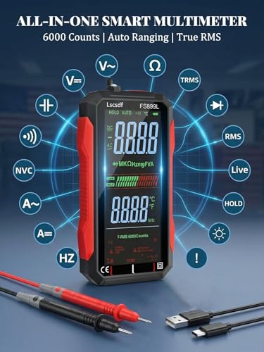 USB Rechargeable Digital Multimeter 6000 Counts Large Color Screen & Backlight FS899L Smart Auto Ranging Multimeter True RMS Digital Voltmeter Multi Meter Digital Tester for Automotive Home