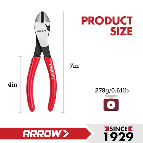 ARROW 7" High Leverage Diagonal Cutting Pliers, Wire Cutters, Side Cutters | Heavy Duty, Reinforced Jaws, Non-Slip Handle, Premium High Carbon Steel, Comfortable Grip, For Cutting Wires - size: 7 INCH