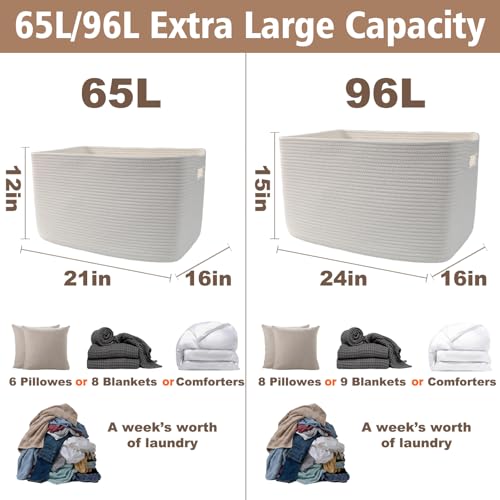 JMvicyroam 65L Large Woven Cotton Rope Blanket Basket, White - color: White, size: 65L