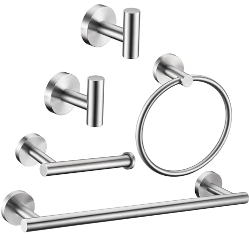 5 Pieces Brushed Nickel Bathroom Hardware Set Include 16inch Towel Bar,2pcsTowel Hooks,Toilet Paper Holder,Hand Towel Ring Round SUS304 Stainless Steel Bathroom Accessories Set Heavy Duty Wall Mounted - color: Brushed Nickel, size: 5 piece 16"