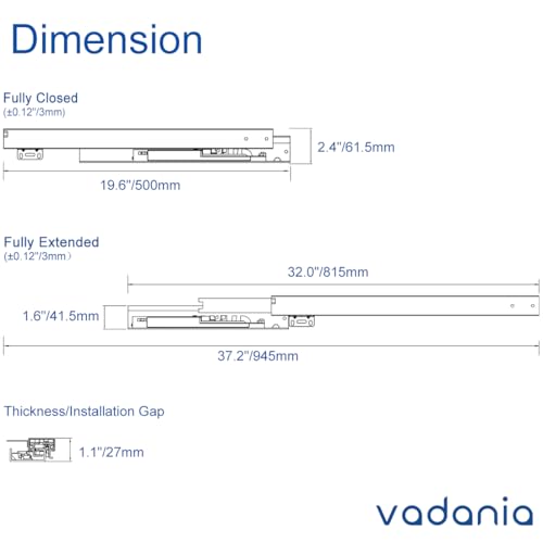 VADANIA #BF54 20" Undermount Drawer Slide, Push to Open - size: 20 Inch, style: Push to Open