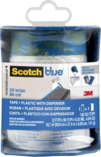 ScotchBlue Pre Plastic Painters Tape with Bladed Dispenser, 24 in x 30yd, Tape & Masking Film Combined, Static Cling to Stay in One Place, No Residue Masking Tape (PTD2093EL-24-S) | (Pack of 6) - size: 24" Width (Pack of 6), style: With Dispenser