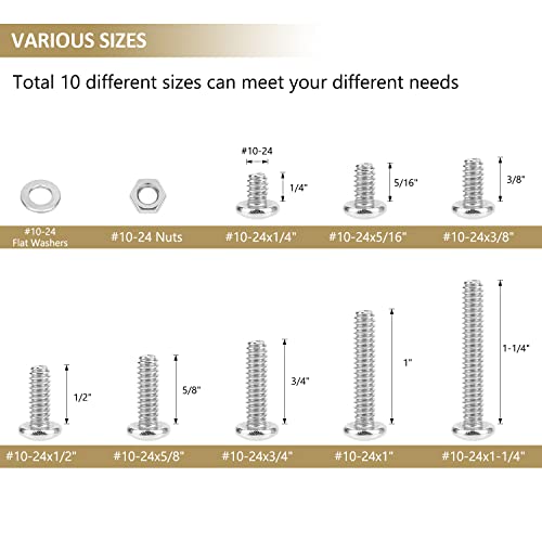 142 Pieces #10-24x 1/4", 5/16", 3/8", 1/2", 5/8", 3/4", 1", 1-1/4", Phillips Pan Head Machine Screws Nuts Washers Assortment Kit, 304 Stainless Steel, Fully Machine Thread - size: #10-24