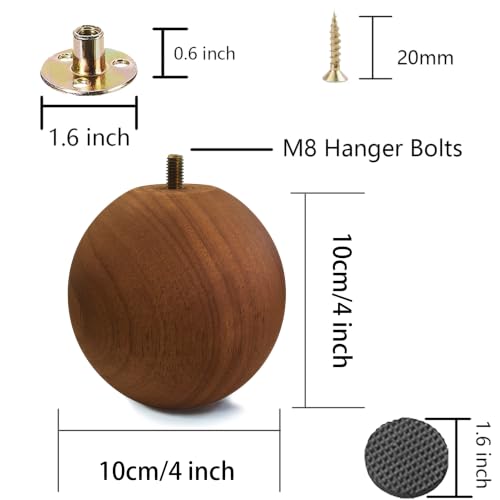 Solid Wood Sofa Replacment Parts 4 Inch Round Ball Shape Furniture Legs for Sofa Couch Ottoman Loveseat Cabinet Legs Furniture Feet Set of 4 (Light Walnut) - color: Light Walnut