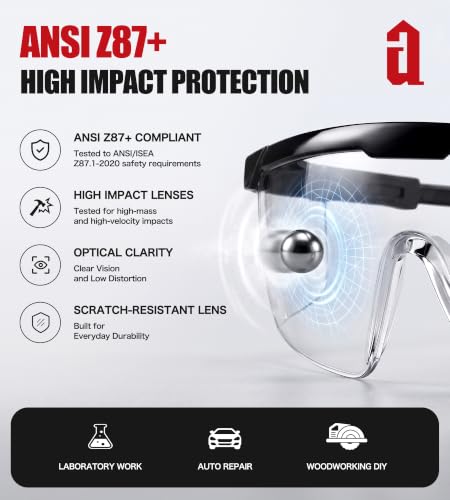 antools 2 Pack ANSI Z87+ Safety Glasses, Anti-Fog, Scratch-Resistant, Adjustable Temples, Clear Protective Eyewear, Lab Goggles