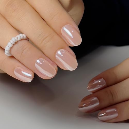 CurvLife Short Oval Chrome Nude Press On Nails, Champagne Pearl, Soft Gel - color: A1 - Champagne Pearl