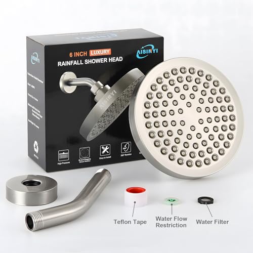 6" Rain Shower Head & 6" Shower Arm, Luxury Brushed Nickel Finish - color: Brushed Nickel, size: 6 Inch Round (1 PCS + Shower Arm)