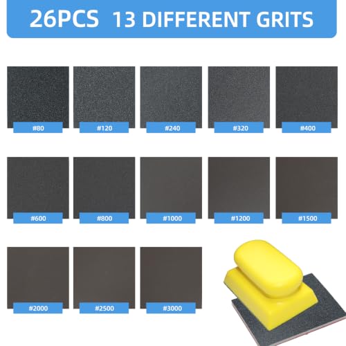 Sanding Block Set, 26Pcs Sanding Sponges with A Hand Tool Reusable 3×4 Inch Wet Dry Foam Sanding Blocks for Wood, Furniture, Metal & Drywall (80-3000 Grit Kit)
