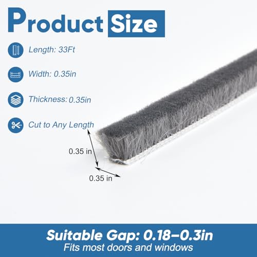 YoleShy 33 Ft Brush Weather Stripping Door Seal Strong Self-Adhesive Weather Stripping Window Seal Soundproofing Windproof Dustproof 0.35 in Wide x 0.35 in Thick, Grey - size: 0.35 x 0.35 inches