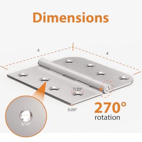Brushed Nickel Door Hinges 4 Inch 18 Pack with Square & 5/8" Radius - color: Brushed Nickel-Square&Round, size: 18 Pack