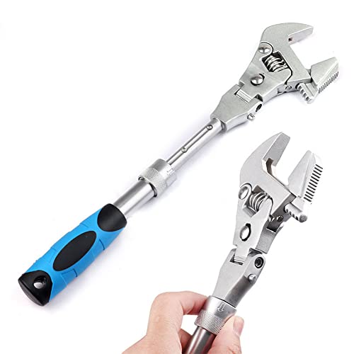 2 in 1 Flex Head Adjustable Wrench, Reversible Jaw Pipe Wrench with 10”-12” Retractable Extension Shank and 180⁰ Rotatable Head