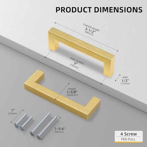 Goldenwarm 5 Pack 3 in Gold Cabinet Handles Square Drawer Pulls - color: Gold, size: 3 Inch Hole Center