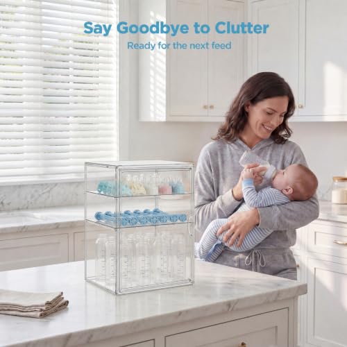 HBlife Baby Bottle Storage Organizer for Countertop Cabinet, 3 Tiers Adjustable Clear Acrylic Bottles Storage Station Case Box Container with 2 Removable Dividers and Magnetic Door, X-Large - size: X-Large, style: 3-Tier Single Door