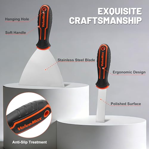 VALUEMAX Putty Knife Set, 6PCS Stainless Steel Paint Scraper Tools, Spackle Knives for Repairing Drywall, Scraping, Removing Wallpaper, Applying Mud, Plaster and Adhesive(1”, 1.5”, 2”, 3”, 4”, 5”) | Repairing Drywall, Scraping, Removing Wallpaper, Applyin