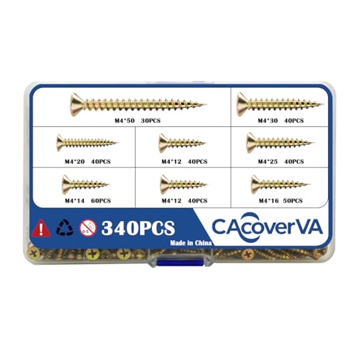 M4 Wood Screws Assortment Kit 340 PCS, Phillips Flat Head, Yellow Zinc Plated Steel, Sheet Metal Screws, Self Tapping, Full Threaded, 7 Sizes in Total (12mm/14mm/16mm/20mm/25mm/30mm/50mm)