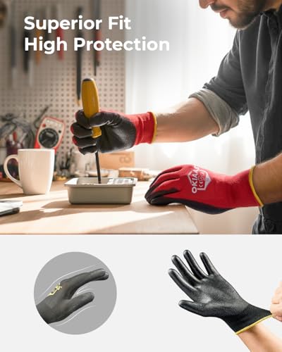 OKIAAS PU Coated Work Gloves Men, Ultra Grip & Lightweight, 12 Pairs Bulk - color: Yellow (12 Pairs), size: Medium