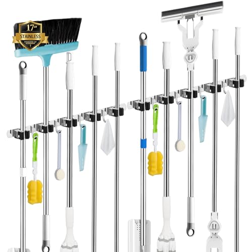 2 Pack Broom Holder Wall Mount, 5 Racks 4 Hooks Mop and Broom Organizer - color: 5 Racks & 4 Hooks (Silver) - 2 Pack
