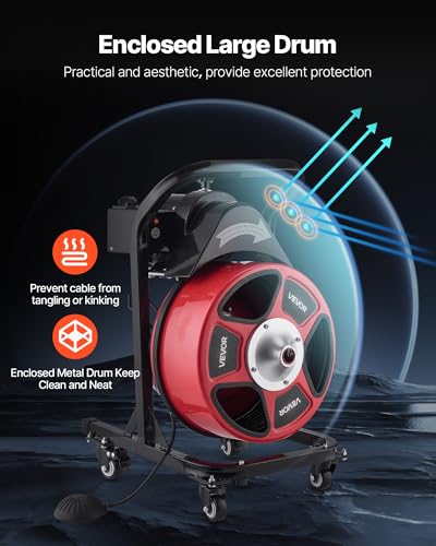 VEVOR Drain Cleaner Machine 50 FT x 1/2 Inch Manual Feed Sewer Snake Auger - style: 50 FT x 1/2'' with Wheels