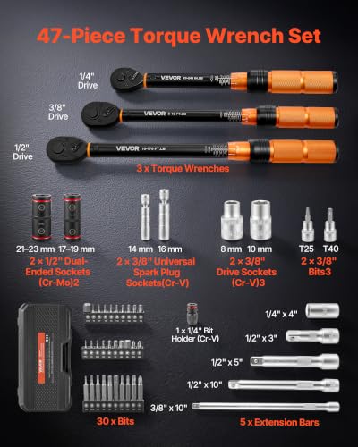 VEVOR Torque Wrench Set 1/4" 3/8" 1/2" Drive Click Torque Wrench 47-Piece, Dual Scale Readings, ±3% High Precision, with Spark Plug Sockets, Bits, Extension Bars, Storage Case, for Automotive Repair - size: 1/2" 3/8" 1/4" 47 PCS