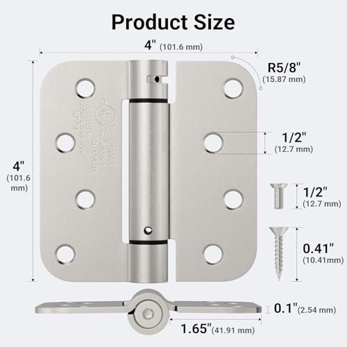 2 Pack Self Closing Door Hinges 4 Inch, Satin Nickel Spring Loaded Hinges with 5/8" Radius Corner, Adjustable Tension Auto Close Hinge for Exterior & Interior Doors (Garage, Front, Back) - size: 4 Inch
