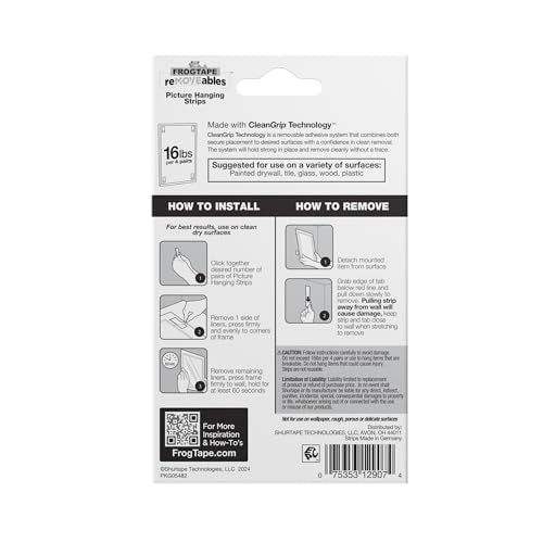 FrogTape reMOVEables Large Picture Hanging Strips - 12 Pairs - 16lbs per 4 Pairs - Damage-Free Removeable Adhesive Wall Strips Picture Hangers for Mounting Frames, Canvas, Home Décor White (24 Pieces) - size: 12 Pairs, style: Large