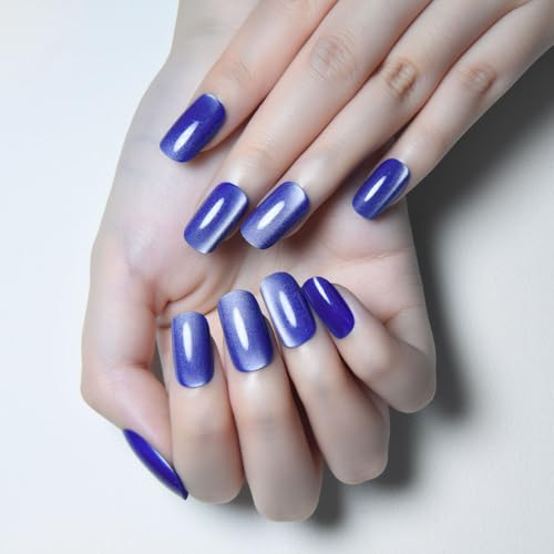 Cat Eye Press On Nails - Glitter Cobalt Blue Medium Square Magnetic Acrylic Fake Nails, Stylish Design, Salon-Quality Shiny Finish, Reusable Stick On Nails Kit for Women (No Glue Included) - color: ZF151-2, size: 24 pieces (Pack of 1)