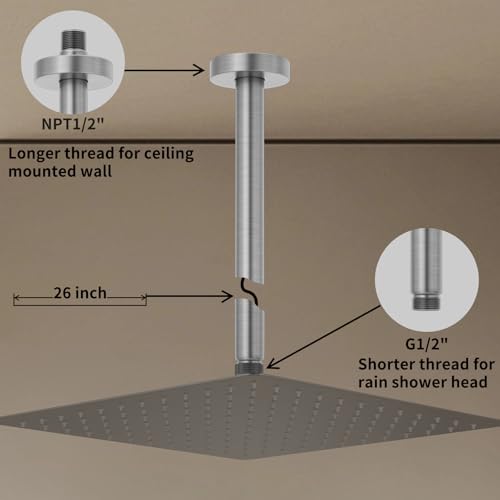 Brushed Nickel 26 Inches Ceiling Mount Round Shower Arm With Flange Straight Extender Extension Pipe Replacement Rain Shower Head Straight For Fixed - color: Brushed Nickel