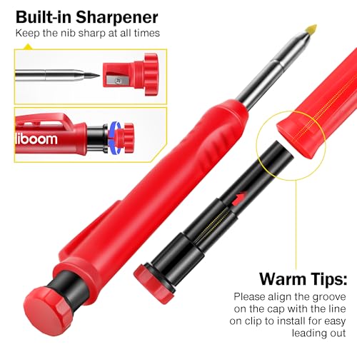 Hiboom 2 Pack Mechanical Deep Hole Carpenter Pencil, 14 Refills - color: Black, Red