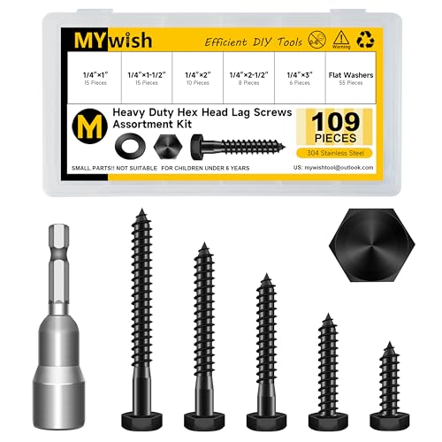 Mywish 109Pcs 1/4" Hex Head Lag Screws Assortment Kit, Heavy Duty Lag Bolts with Washers, 304 Stainless Steel Bolts 18-8, 5-Size Wood Screws for Outdoor, Black Oxide 1/4 Bolt - size: 1/4 Assorted Kit