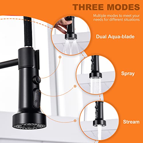 TIORIY Kitchen Faucet Head Replacement Black, with 15 Adapters Plastic Pull Down Faucet Spray Head, 3 Modes Pull Out Kitchen Sink Sprayer Nozzle, Matte Black - color: Matte Black, style: Blade Spray